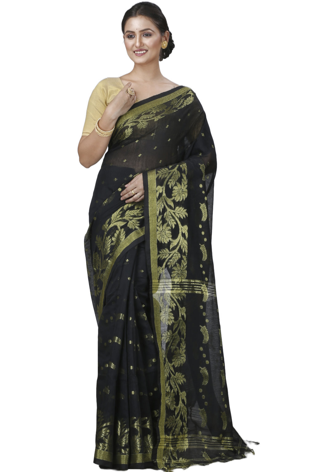 Black Blended Cotton Turik Hand Loom Saree (1249)